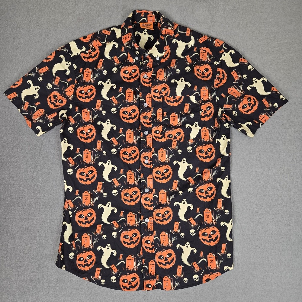 Beistle Creepy Co Button Up Shirt Medium Blue Orange Halloween Ghost Pumpkin